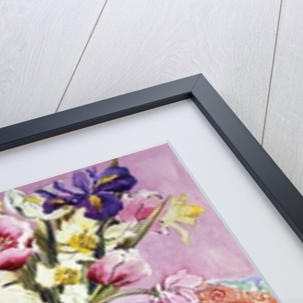 Daffodils, Tulips and Iris in a Jacobean Blue and White Jug with Sanderson Fabric and Primroses, 2012 by Joan Thewsey