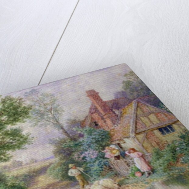Shepherd and his flock passing a country cottage by Myles Birket Foster