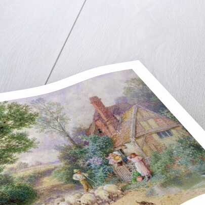 Shepherd and his flock passing a country cottage by Myles Birket Foster