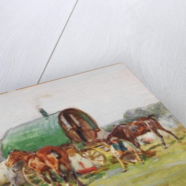 Three Horses and a Green-Roofed Caravan by John Atkinson