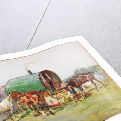 Three Horses and a Green-Roofed Caravan by John Atkinson