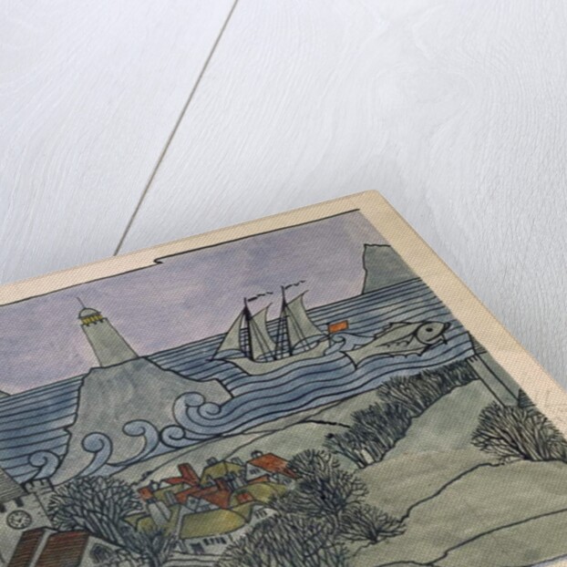 Lighthouse, ship and village by Charles Francis Annesley Voysey