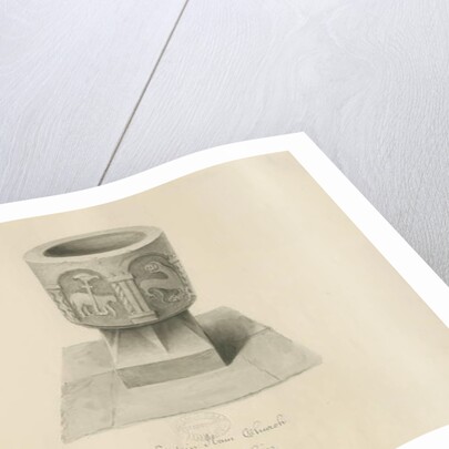 Font in Ilam Church: sepia drawing, 1839 by John Buckler