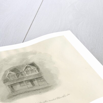 Leek Town - Old Houses in Market Place: sepia drawing, 1847 by John Buckler