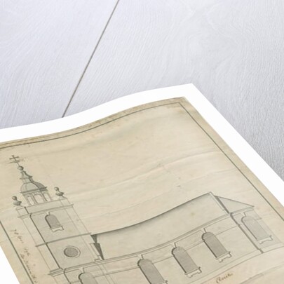 Marchington Church - Exterior Elevation and Interior Plan: pen drawing by School English