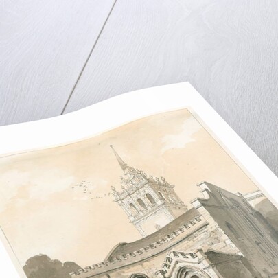 Trentham Church: sepia and yellow wash drawing by Thomas Peploe Wood