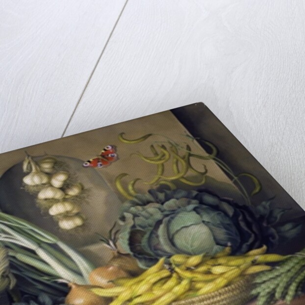 Garlic and radishes and a peacock buttefly, 1997 by Amelia Kleiser