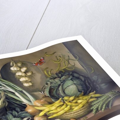 Garlic and radishes and a peacock buttefly, 1997 by Amelia Kleiser