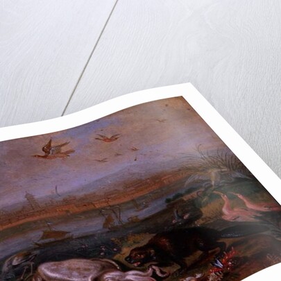 Creatures from the four continents in a landscape with a view of Canton in the background by Ferdinand van Kessel