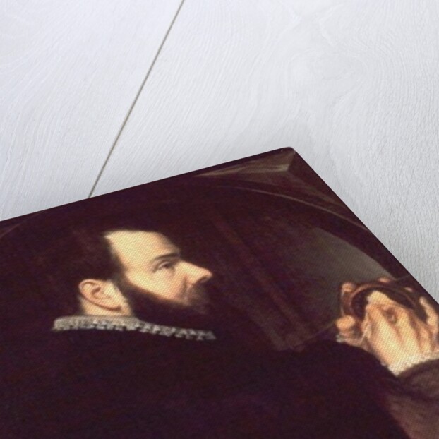 Self portrait holding a wax portrait medallion, 1564 by Willem van den Broecke