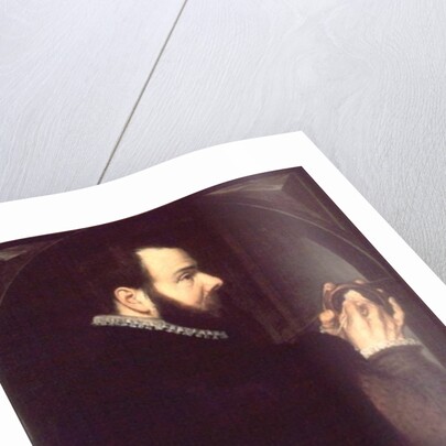 Self portrait holding a wax portrait medallion, 1564 by Willem van den Broecke