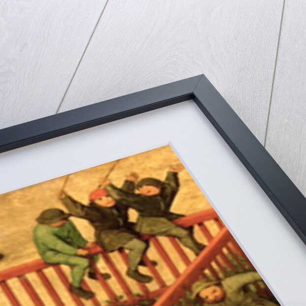 Children's Games: detail of left-hand section showing children running the gauntlet, doing gymnastics and balancing on a fence, 1560 by Pieter the Elder Bruegel