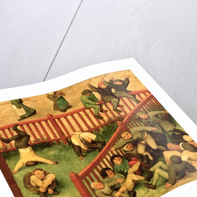 Children's Games: detail of left-hand section showing children running the gauntlet, doing gymnastics and balancing on a fence, 1560 by Pieter the Elder Bruegel