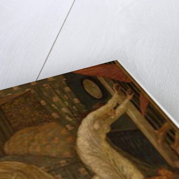 Cupid and Psyche - Palace Green Murals - Psyche holding the Lamp gazes on the Face of sleeping Cupid and Psyche abandoned, 1881 by Edward Coley Burne-Jones