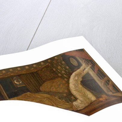 Cupid and Psyche - Palace Green Murals - Psyche holding the Lamp gazes on the Face of sleeping Cupid and Psyche abandoned, 1881 by Edward Coley Burne-Jones