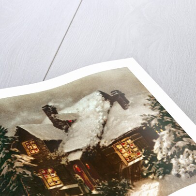 Church and Cottage with Lighted Windows by School English