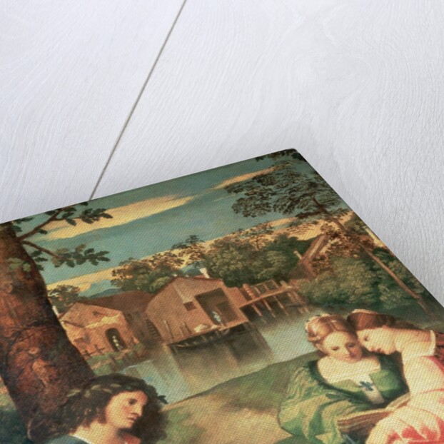 Youth with a guitar and two girls sitting on a river bank by Giorgione