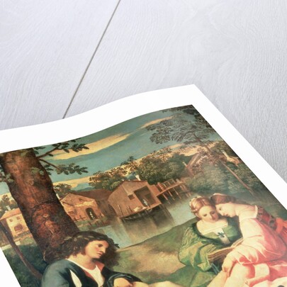 Youth with a guitar and two girls sitting on a river bank by Giorgione