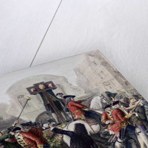 View of Daniel Defoe in the pillory at Temple Bar surrounded by a crowd by Eyre (after) Crowe