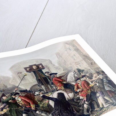 View of Daniel Defoe in the pillory at Temple Bar surrounded by a crowd by Eyre (after) Crowe