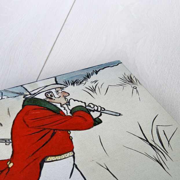 Angry golfer driving his ball into the scrub while his caddy tries to stop himself from laughing, 1901 by Cecil Charles Windsor Aldin