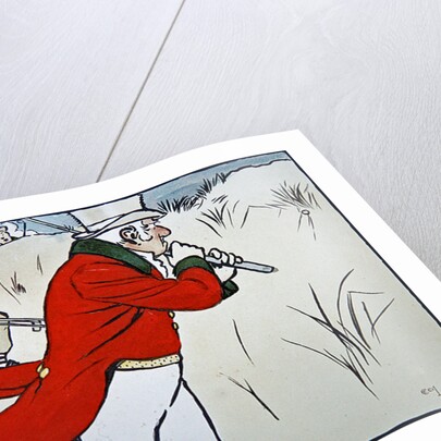 Angry golfer driving his ball into the scrub while his caddy tries to stop himself from laughing, 1901 by Cecil Charles Windsor Aldin