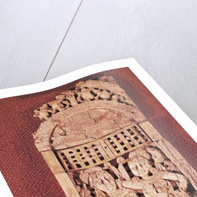 Carved Indian plaque depicting two female figures under a torana by School Afghan