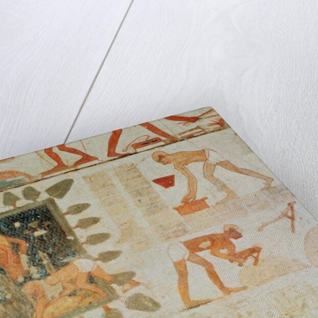Wall painting depicting two men collecting water from a square lake surrounded by trees and slaves making bricks by Egyptian 18th Dynasty