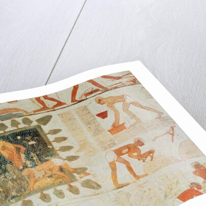 Wall painting depicting two men collecting water from a square lake surrounded by trees and slaves making bricks by Egyptian 18th Dynasty