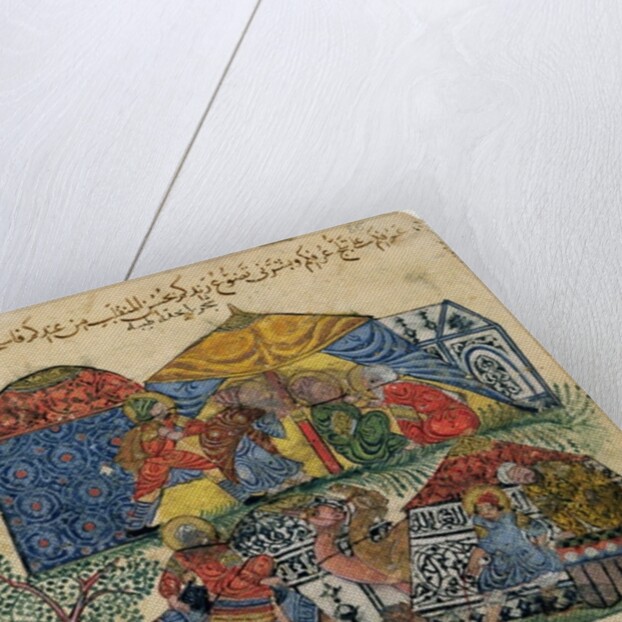 Ms C-23 f.43b, An old man and a young man in front of the tents of the rich pilgrims by Persian School