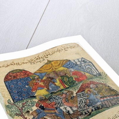 Ms C-23 f.43b, An old man and a young man in front of the tents of the rich pilgrims by Persian School