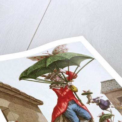 Held Aloft by Umbrellas and Butterflies, Men and Women Fly Out of Windows by French School