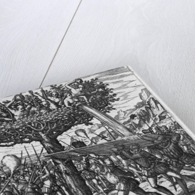 Indians in a Tree Hurling Projectiles at the Spanish by Theodor de Bry