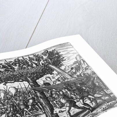 Indians in a Tree Hurling Projectiles at the Spanish by Theodor de Bry