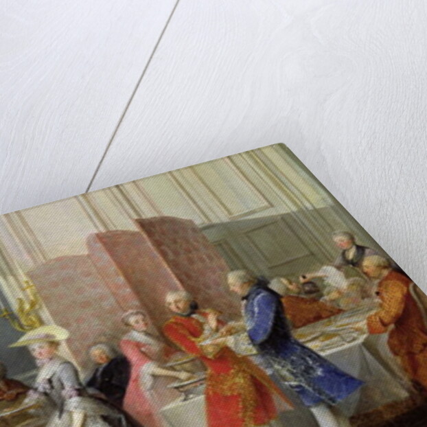 English Tea in the Salon des Quatre Glaces at the House of the Prince de Conti Palais du Temple, detail of the guests, 1766 by Michel Barthelemy Ollivier or Olivier