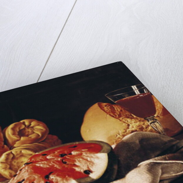 Glass of Wine, Watermelon and Bread by Luis Egidio Menendez or Melendez