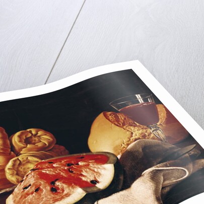 Glass of Wine, Watermelon and Bread by Luis Egidio Menendez or Melendez