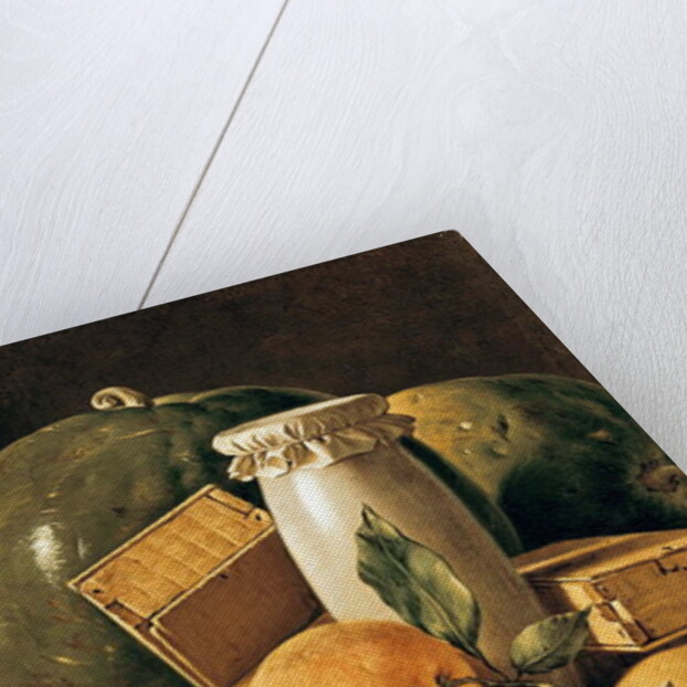 Still Life of Oranges, Watermelon, a Pot and Boxes of Cake by Luis Egidio Menendez or Melendez