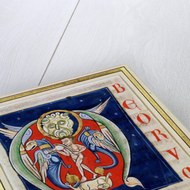 Historiated initial 'M' depicting a man playing a rebec and fantastical animals by French School