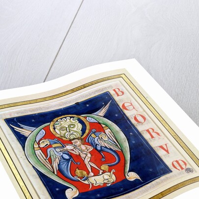 Historiated initial 'M' depicting a man playing a rebec and fantastical animals by French School