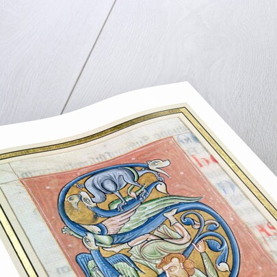 Historiated initial 'S' depicting an acrobat and fantastical animals by French School
