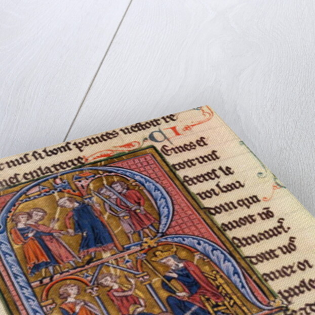 Historiated initial 'R' depicting the Sultan sending his messengers to the Caliph of Egypt and the Sultan kissing the feet of the Caliph by French School