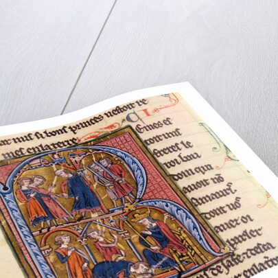 Historiated initial 'R' depicting the Sultan sending his messengers to the Caliph of Egypt and the Sultan kissing the feet of the Caliph by French School