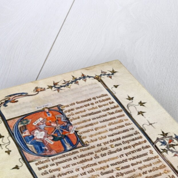 Ms.239 fol.1 Page with a historiated Initial depicting a seated man before the Wheel of Fortune by French School