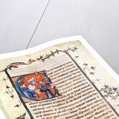 Ms.239 fol.1 Page with a historiated Initial depicting a seated man before the Wheel of Fortune by French School