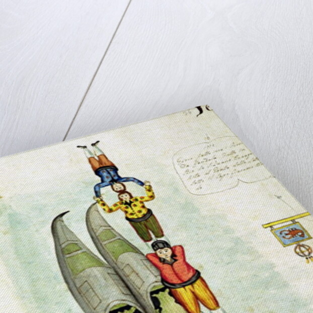 Three men balancing on two gondolas, 1772 by Italian School