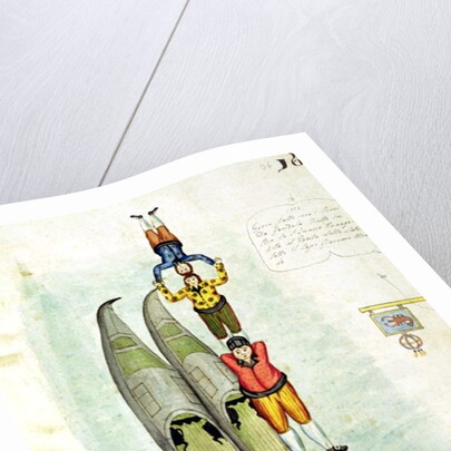 Three men balancing on two gondolas, 1772 by Italian School