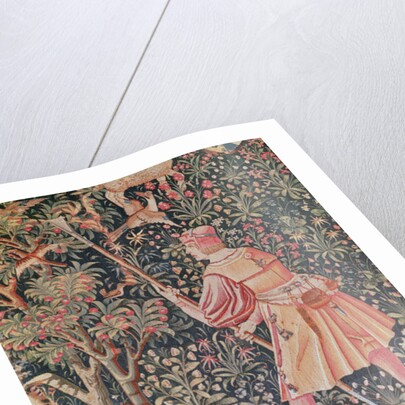 A man gathering pears with a hoe by French School