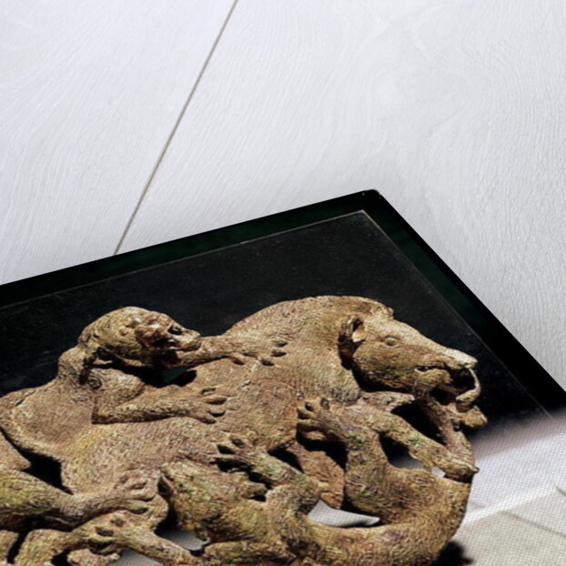 Ornamental plaque depicting a wild boar struggling with two tigers by School Chinese