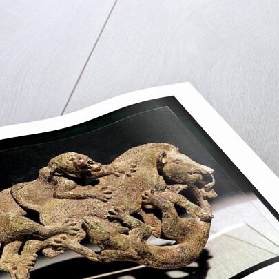 Ornamental plaque depicting a wild boar struggling with two tigers by School Chinese